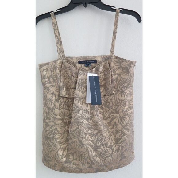 French Connection 72ACQ Women's Sz 4 Gold Blousy Bloom Jaquard Strap Top $128 - Picture 1 of 12
